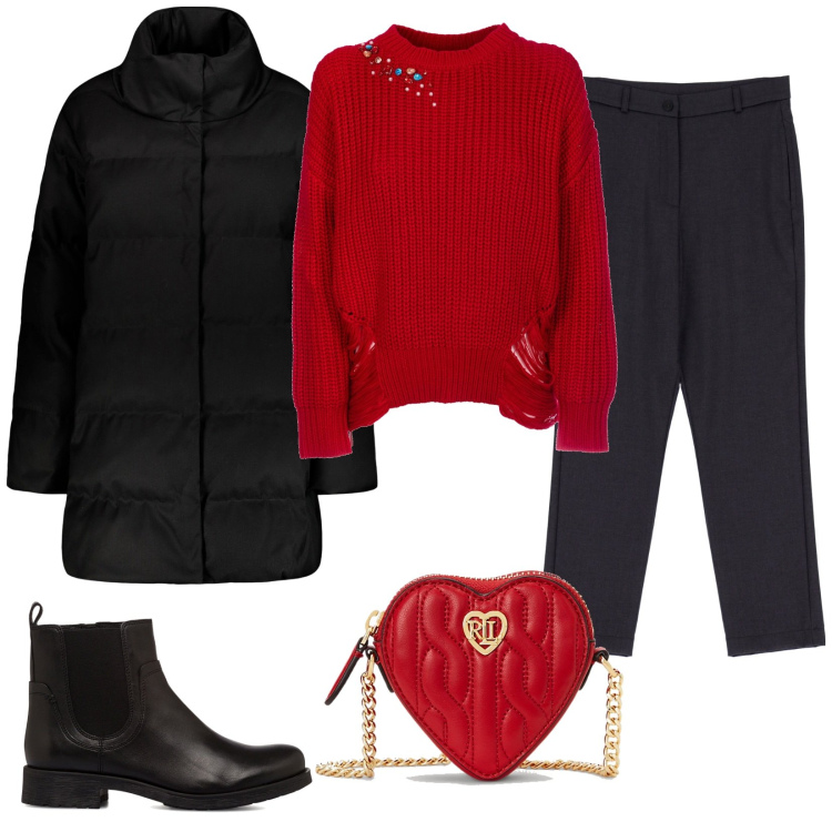 Outfit donna - Un po\' di rosso ci sta. Stile Casual chic per Tutti i giorni. Abbinamento con maglieria, pantaloni, pochette, stivaletti, cappotti.