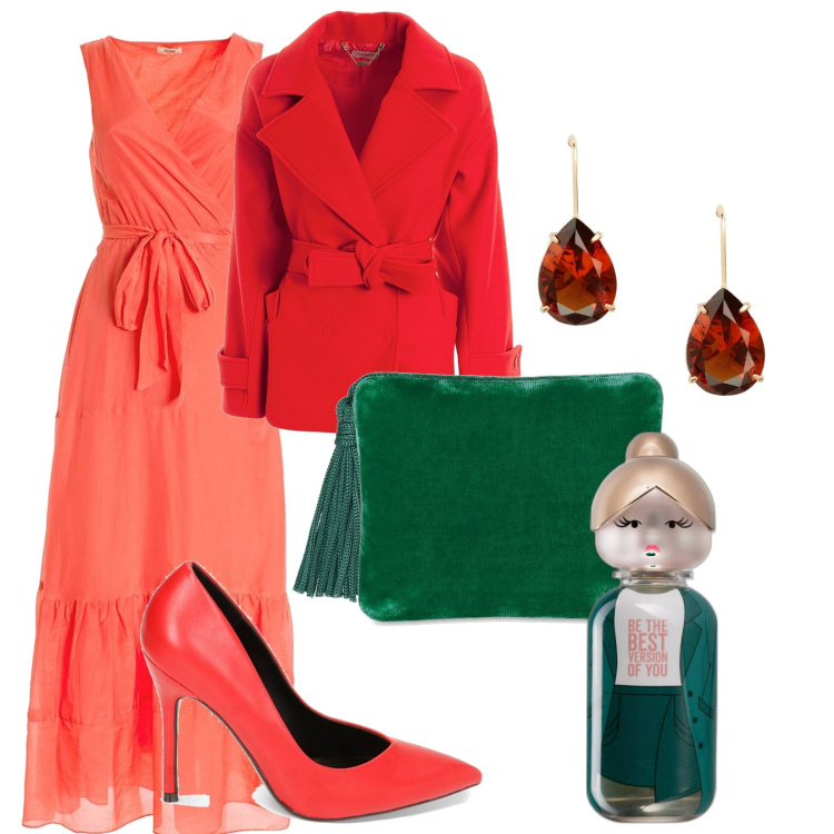Outfit donna - The green doll. Stile Glamour per Serata fuori. Abbinamento con profumi, vestiti lunghi, cappotti, décolleté, orecchini, pochette.