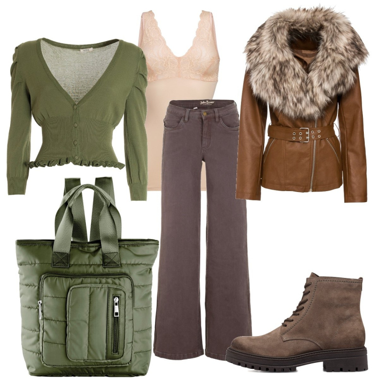 Outfit donna - Total look #1786138. Stile Casual chic per Tutti i giorni. Abbinamento con top, blazer, jeans, zaini, cardigans, anfibi.