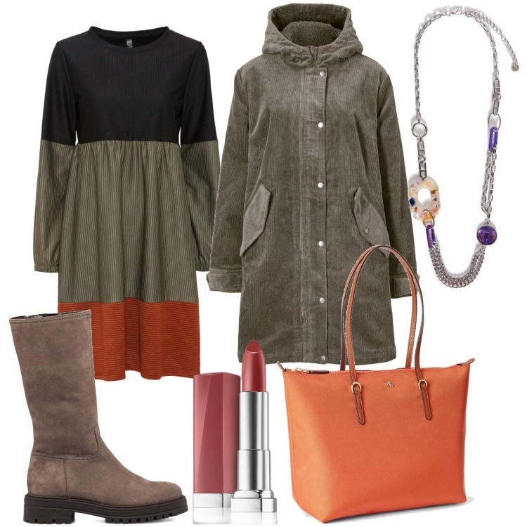 Outfit donna - Total look #1786141. Stile Boho per Serata fuori. Abbinamento con parka, vestiti corti, rossetti, borse tote, stivali sopra il ginocchio, ciondoli.