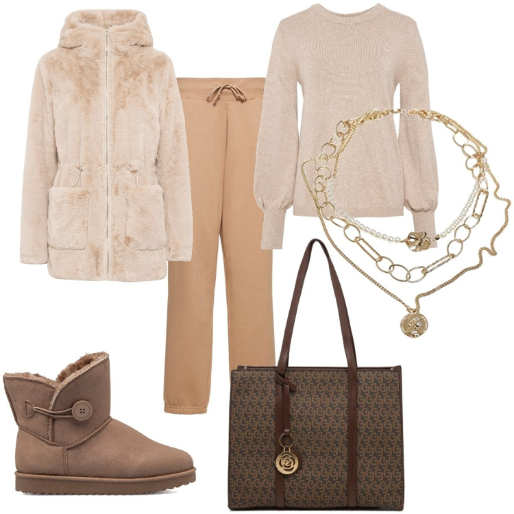Outfit donna - Total look #1786143. Stile Basic per Tutti i giorni. Abbinamento con ecopellicce, maglieria, stivaletti, borse a spalla, pantaloni, ciondoli.