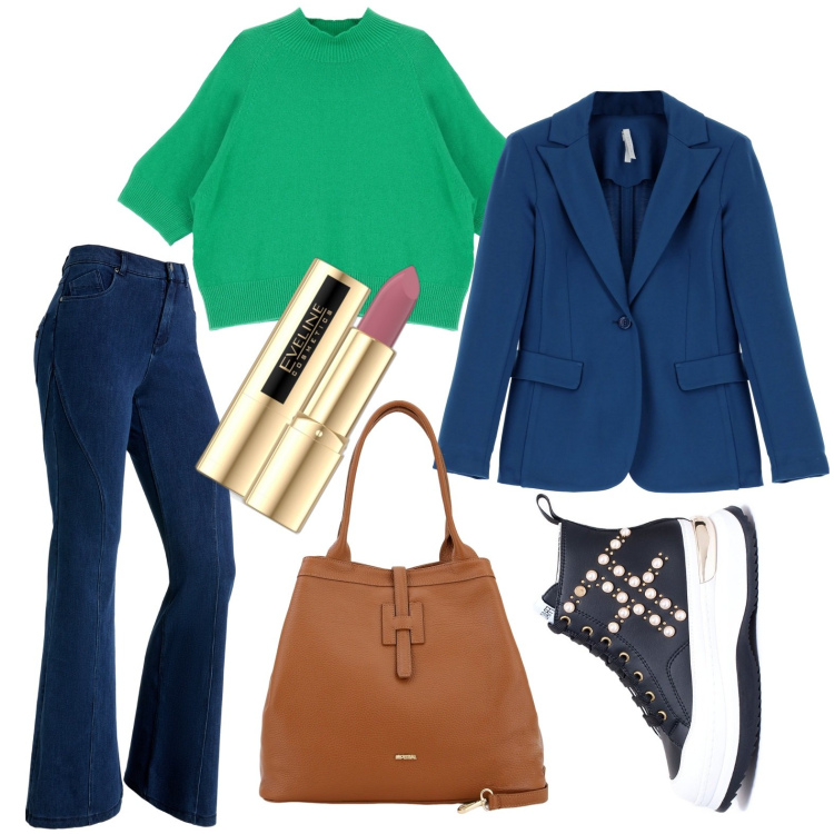 Outfit donna - Blu e verde. Stile Sporty chic per Ufficio. Abbinamento con rossetti, sneakers, borse a secchiello, cappotti, maglieria, jeans a zampa.