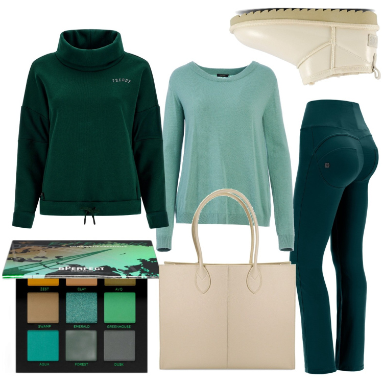 Outfit donna - Tuta verde scuro. Stile Minimal per Tutti i giorni. Abbinamento con ombretti, maglieria, pantaloni skinny, felpe, borse a spalla, stivali.