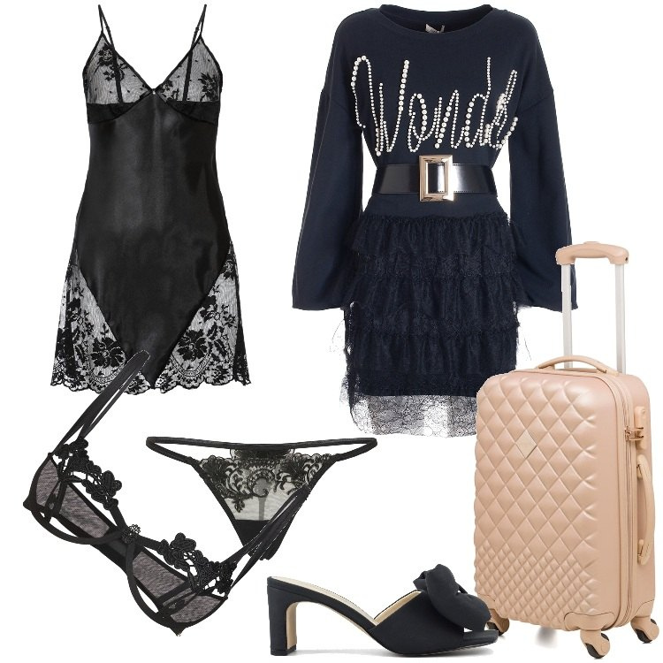 Outfit donna - Gli Indispensabili-Dicembre. Stile Sexy per Serata fuori. Abbinamento con vestaglie, vestiti, valigie, sandali col tacco, perizomi, reggiseni.