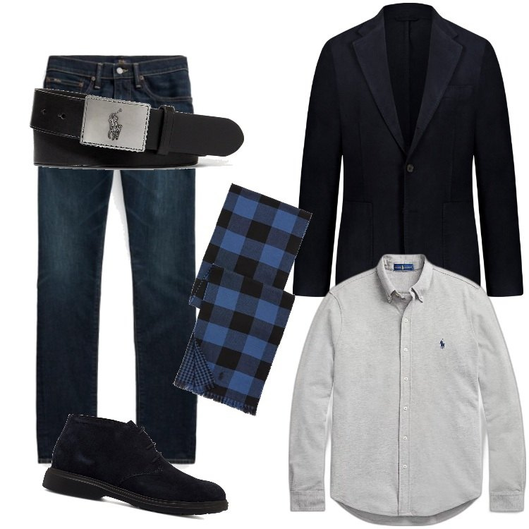 Outfit uomo - Xmas Gifts-Dicembre. Stile Casual per Ufficio. Abbinamento con camicie, jeans skinny, cinture, sciarpe, stivali e stivaletti, giacche.