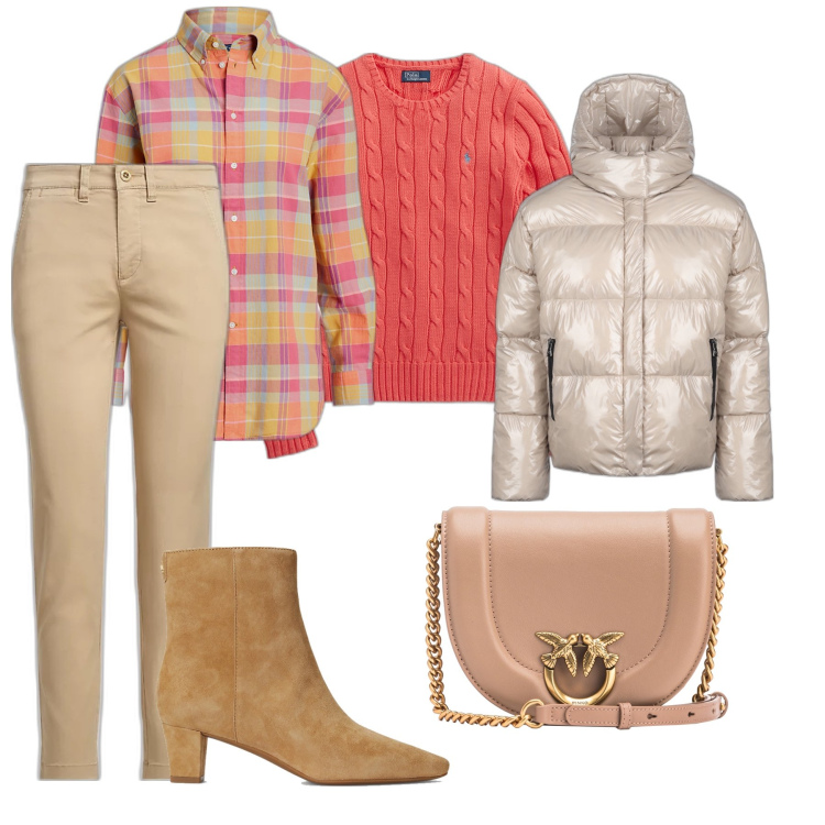 Outfit donna - Festa in montagna. Stile Casual chic per Tutti i giorni. Abbinamento con borse a tracolla, maglieria, camicie, stivaletti, pantaloni chino, blazer.