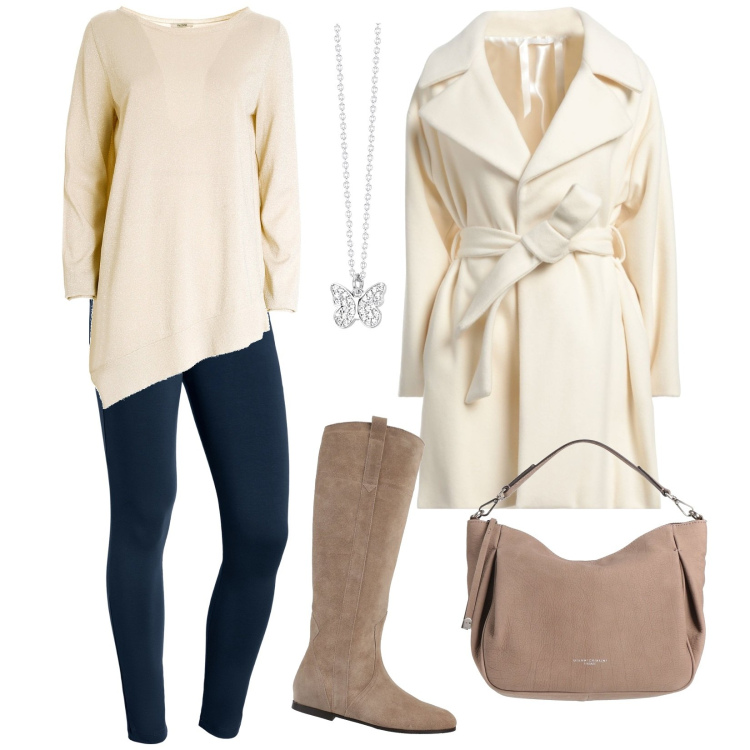 Outfit donna - Panna. Stile Basic per Tutti i giorni. Abbinamento con cappotti, stivali sopra il ginocchio, borse a mano, collane, maglieria, pantaloni skinny.