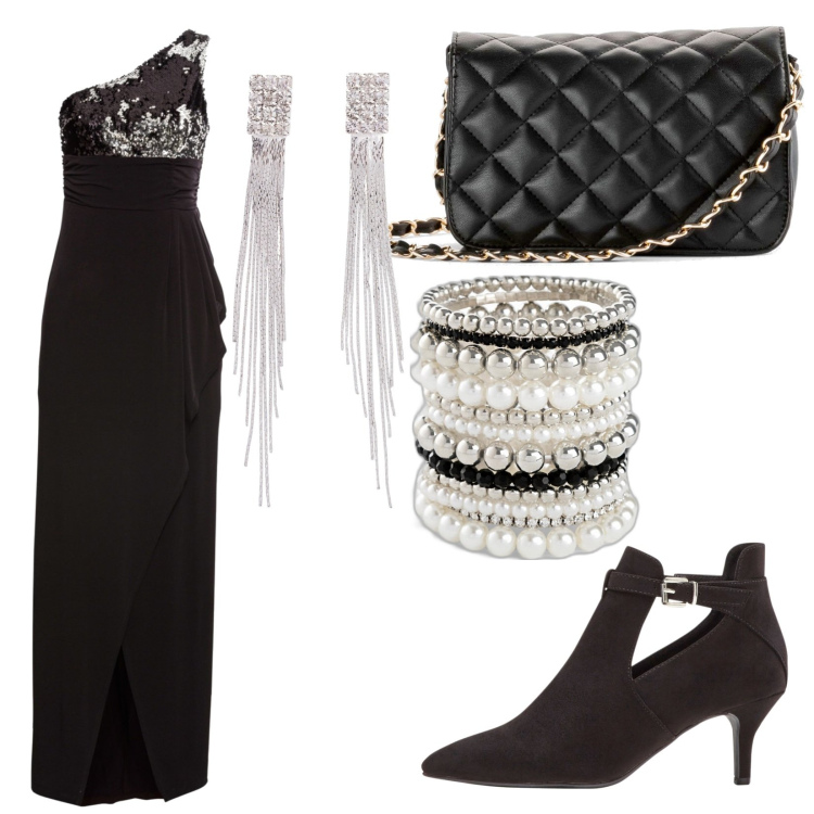 Outfit donna - Total look #1786193. Stile Glamour per Serata fuori. Abbinamento con vestiti, braccialetti, stivaletti, borse a tracolla, orecchini.