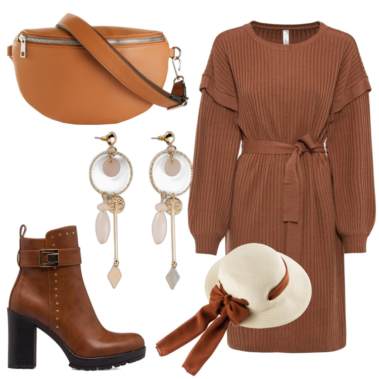 Outfit donna - Total look #1786201. Stile Casual chic per Tutti i giorni. Abbinamento con cappelli, orecchini, vestiti, marsupi, stivaletti.