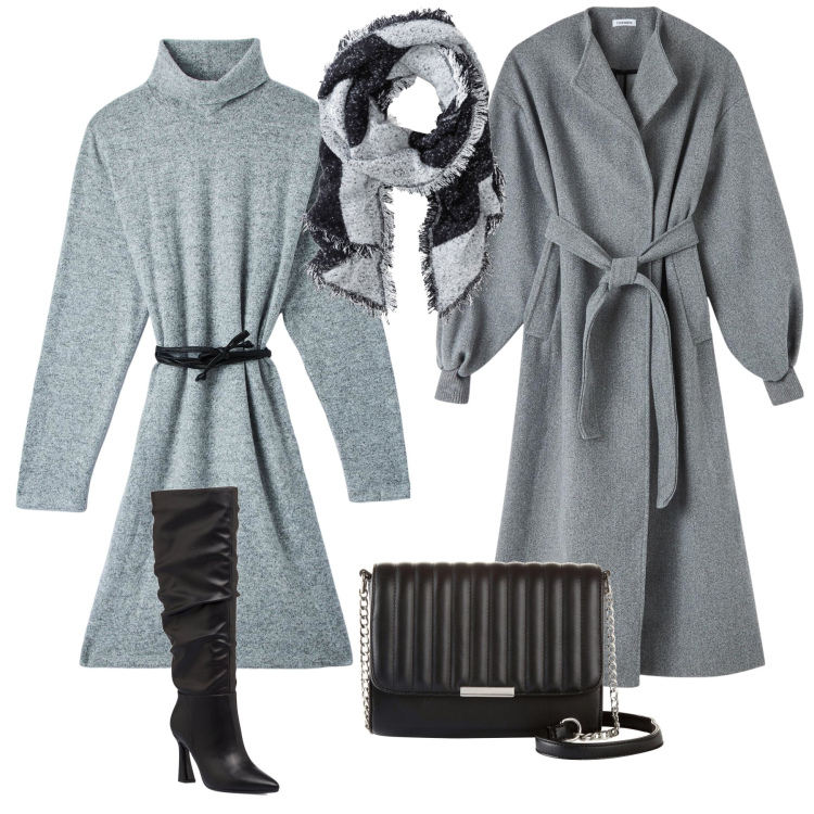 Outfit donna - Inverno curvy con IL vestito. Stile Glamour per Tutti i giorni. Abbinamento con sciarpe, borse a tracolla, vestiti, cappotti, stivali sopra il ginocchio.