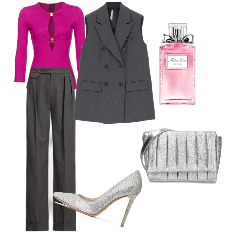 Outfit donna - Miss in pantaloni. Stile Mannish per Serata fuori. Abbinamento con profumi, maglieria, gilet, pantaloni, borse a spalla, décolleté.