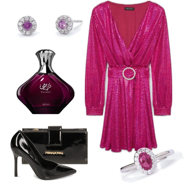 Outfit donna - Speciale Curvy-Dicembre. Stile Glamour per Serata fuori. Abbinamento con profumi, orecchini, anelli, portafogli, décolleté, vestiti corti.