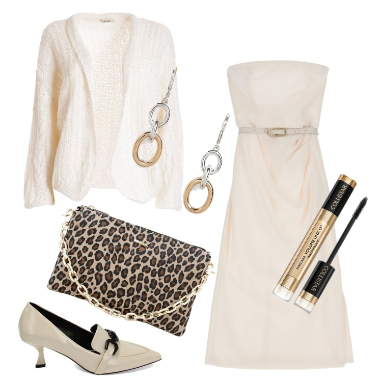 Outfit donna - White Xmas. Stile Bon Ton per Tutti i giorni. Abbinamento con vestiti corti, pochette, mascara, cardigans, mocassini, orecchini.