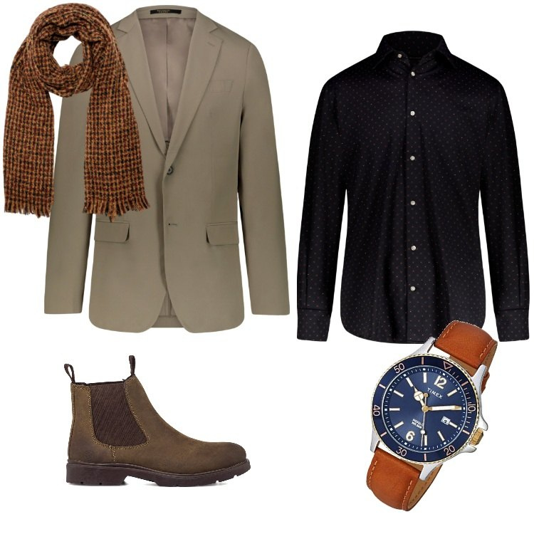Outfit uomo - Abito in tessuto tecnico-Dicembre. Stile Business/Elegante per Serata speciale. Abbinamento con stivali e stivaletti, sciarpe, camicie, abiti, orologi.