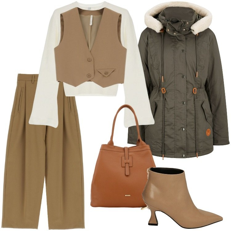 Outfit donna - A pranzo dai miei-Dicembre. Stile Sporty chic per Serata fuori. Abbinamento con parka, pantaloni culotte, gilet, pullovers, borse a secchiello, stivaletti.