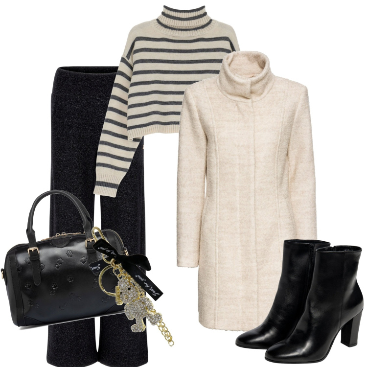 Outfit donna - Panna e liquirizia. Stile Casual chic per Tutti i giorni. Abbinamento con cappotti, maglieria, pantaloni, borse a mano, stivaletti, portachiavi.