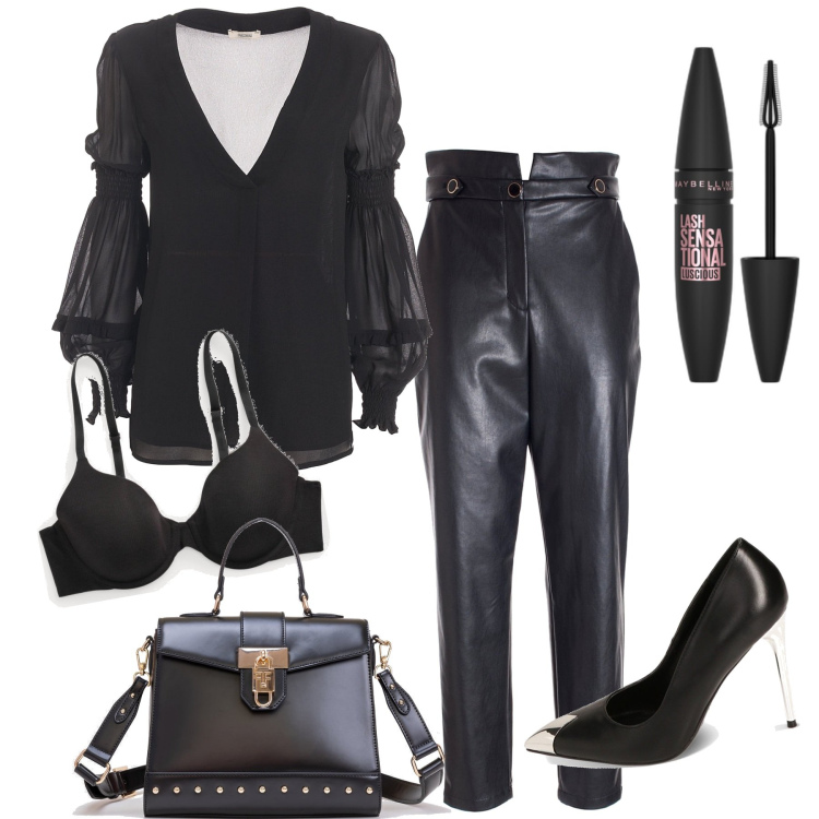 Outfit donna - Nero nero. Stile Rock per Serata fuori. Abbinamento con mascara, bluse, pantaloni, borse tote, décolleté, reggiseni.