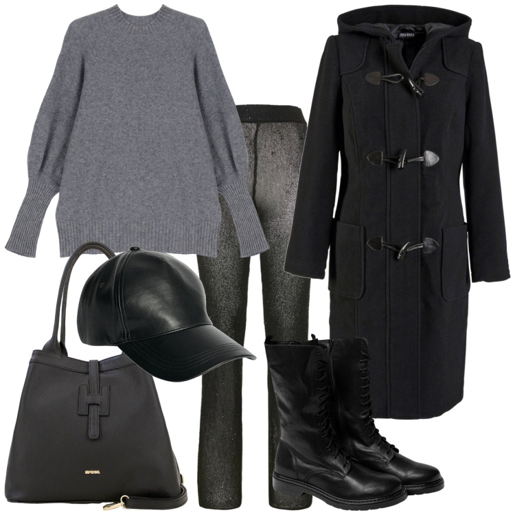 Outfit donna - Da mamma in black. Stile Casual per Tutti i giorni. Abbinamento con montgomery, maglieria, borse a secchiello, pantaloni, stivaletti, cappelli.