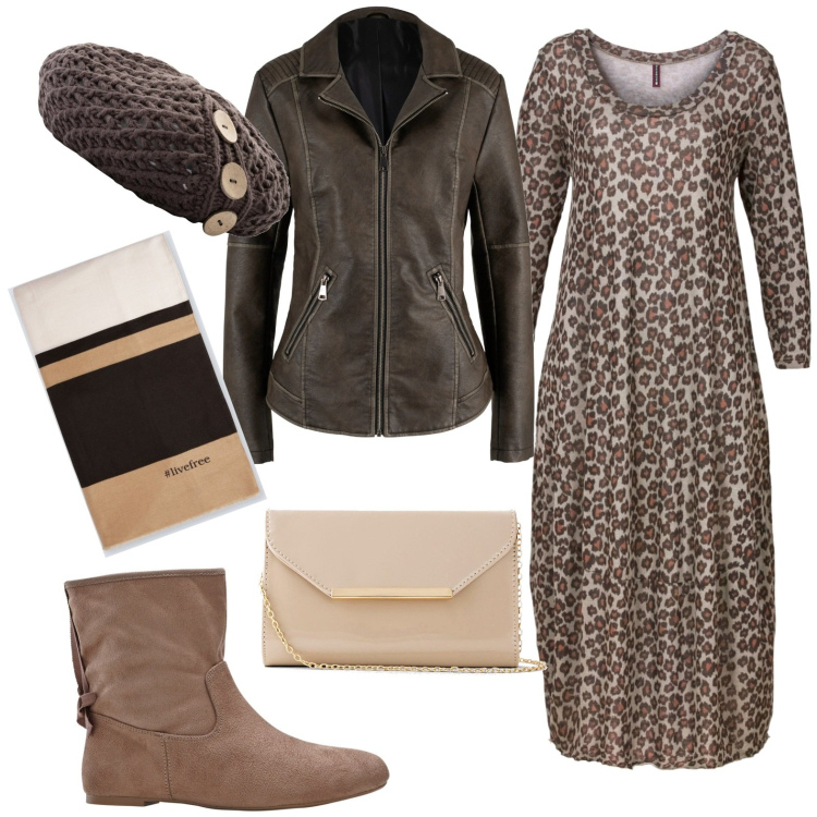 Outfit donna - Total look #1786271. Stile Casual per Tutti i giorni. Abbinamento con vestiti midi/longuette, pochette, berretti, blazer, stivaletti, sciarpe.
