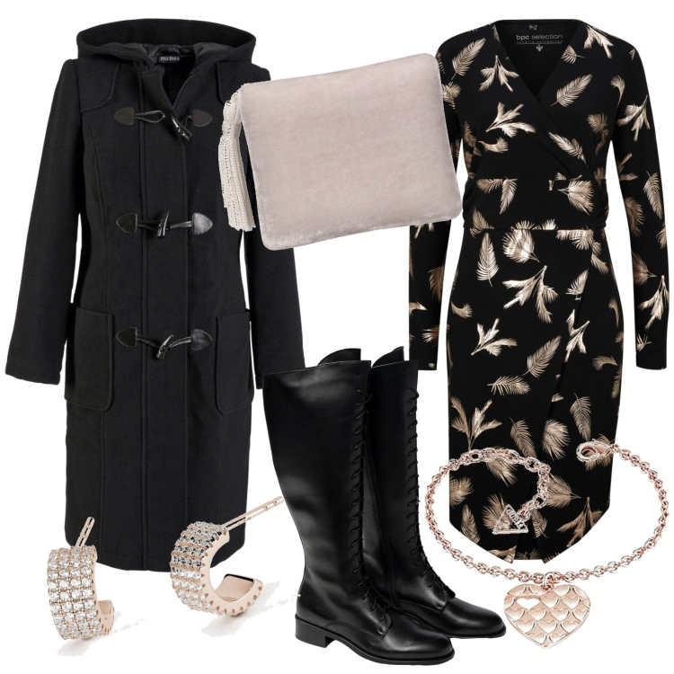 Outfit donna - Total look #1786272. Stile Casual chic per Tutti i giorni. Abbinamento con montgomery, vestiti, orecchini, braccialetti, stivali sopra il ginocchio, pochette.