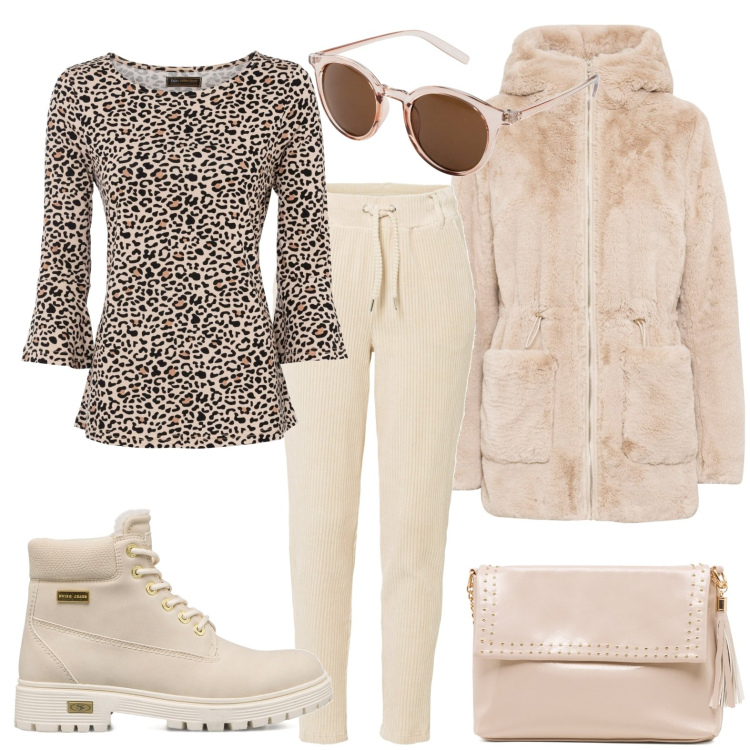 Outfit donna - Total look #1786279. Stile Casual per Tutti i giorni. Abbinamento con ecopellicce, pantaloni, occhiali da sole, maglieria, stivaletti, borse a tracolla.
