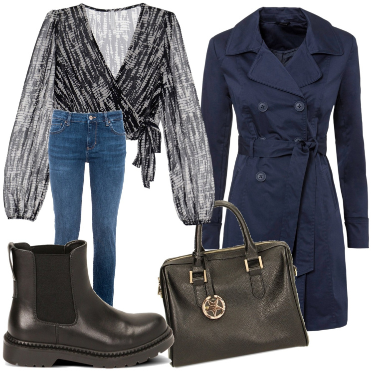 Outfit donna - Passeggiata al centro. Abbinamento con trench, jeans skinny, camicie, borse a mano, stivaletti chelsea.