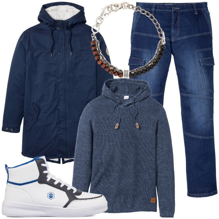 Outfit uomo - Total look #1786286. Stile Casual per Tutti i giorni. Abbinamento con maglieria, parka, jeans dritti, braccialetti, sneakers alte.