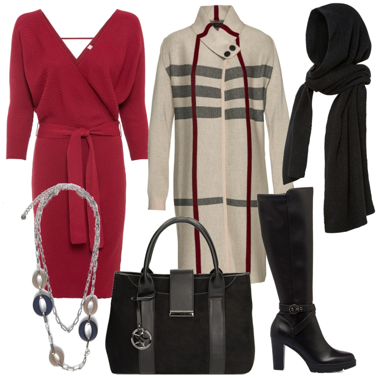 Outfit donna - Il vestito rosso. Stile Urban per Tutti i giorni. Abbinamento con sciarpe, cardigans, vestiti, borse a mano, stivali sopra il ginocchio, ciondoli.