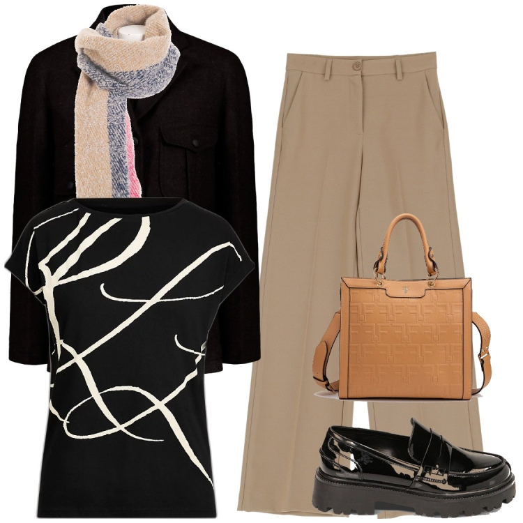 Outfit donna - A scuola. Stile Casual per Scuola/Università. Abbinamento con pantaloni a palazzo, borse tote, sciarpe, mocassini, maglieria, giacche sportive.