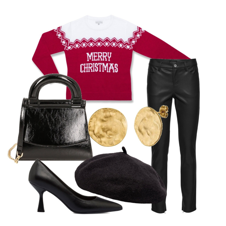 Outfit donna - Ghost outfitter - dicembre. Stile Casual chic per Tutti i giorni. Abbinamento con pantaloni, borse a mano, maglieria, décolleté, cappelli e berretti, orecchini.