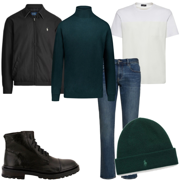 Outfit uomo - Jeans e maglione. Stile Trendy per Tutti i giorni. Abbinamento con scarpe stringate, giacche, berretti, maglieria, t-shirt, jeans slim fit.