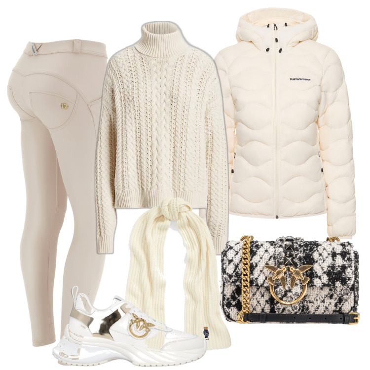 Outfit donna - Snowy. Stile Casual chic per Tutti i giorni. Abbinamento con borse a tracolla, sneakers, pantaloni skinny, maglieria, sciarpe, piumini.