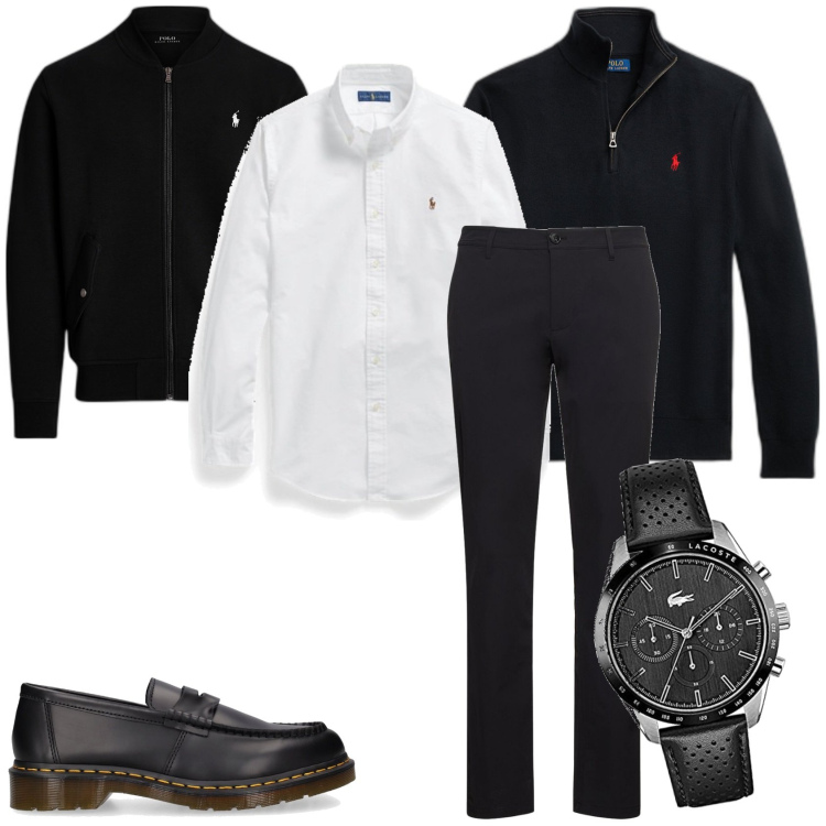 Outfit uomo - Elegante sportivo. Stile Trendy per Tutti i giorni. Abbinamento con camicie, bomber, maglieria, pantaloni, scarpe stringate, orologi.