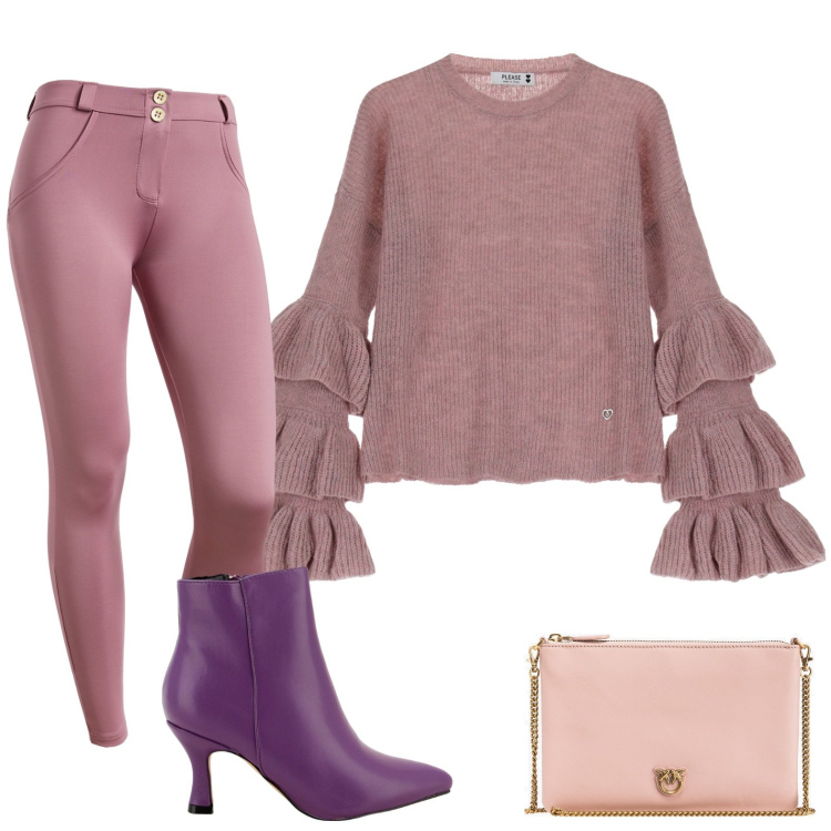 Outfit donna - Stivaletti viola. Stile Glamour per Tutti i giorni. Abbinamento con borse a tracolla, maglieria, stivaletti, pantaloni skinny.