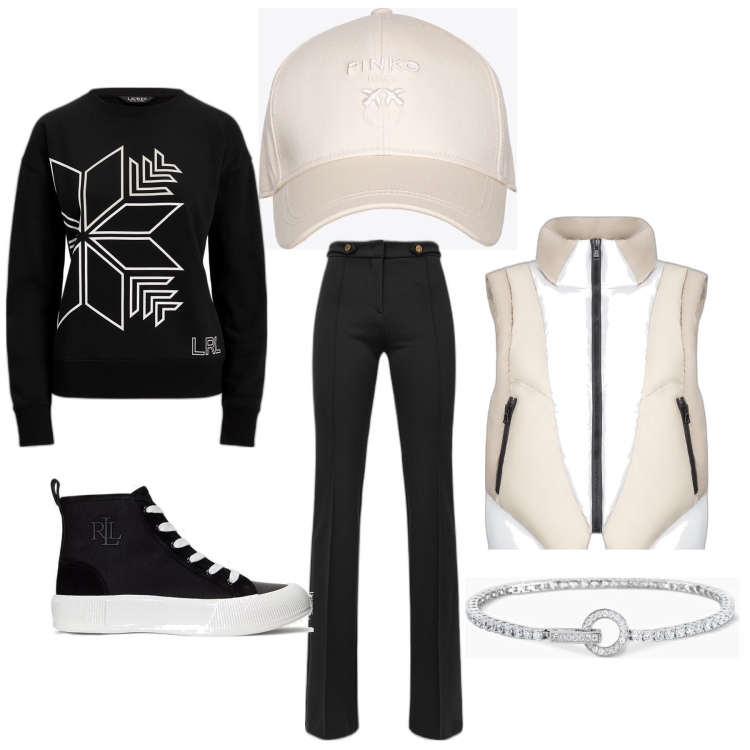 Outfit donna - Vacanza in montagna. Stile Casual chic per Tutti i giorni. Abbinamento con braccialetti, pantaloni, cappelli con visiera, sneakers, pullovers, piumini.