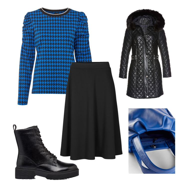 Outfit donna - Blu e nero a natale. Stile Chic per Tutti i giorni. Abbinamento con gonne longuette, maglieria, borse a mano, cappotti, anfibi.