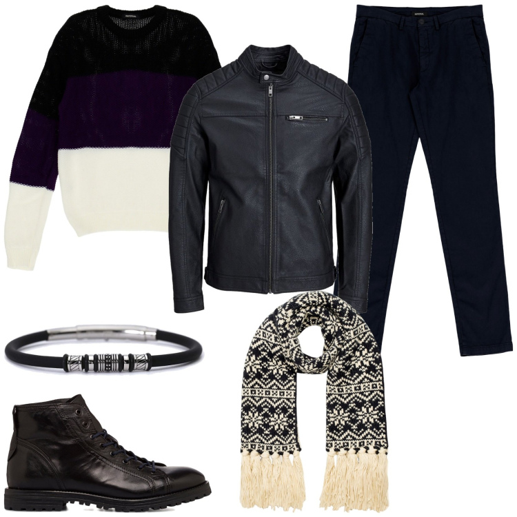 Outfit uomo - Sciarpa norvegese. Stile Trendy per Serata speciale. Abbinamento con maglieria, pantaloni, braccialetti, sciarpe, anfibi, cappotti.