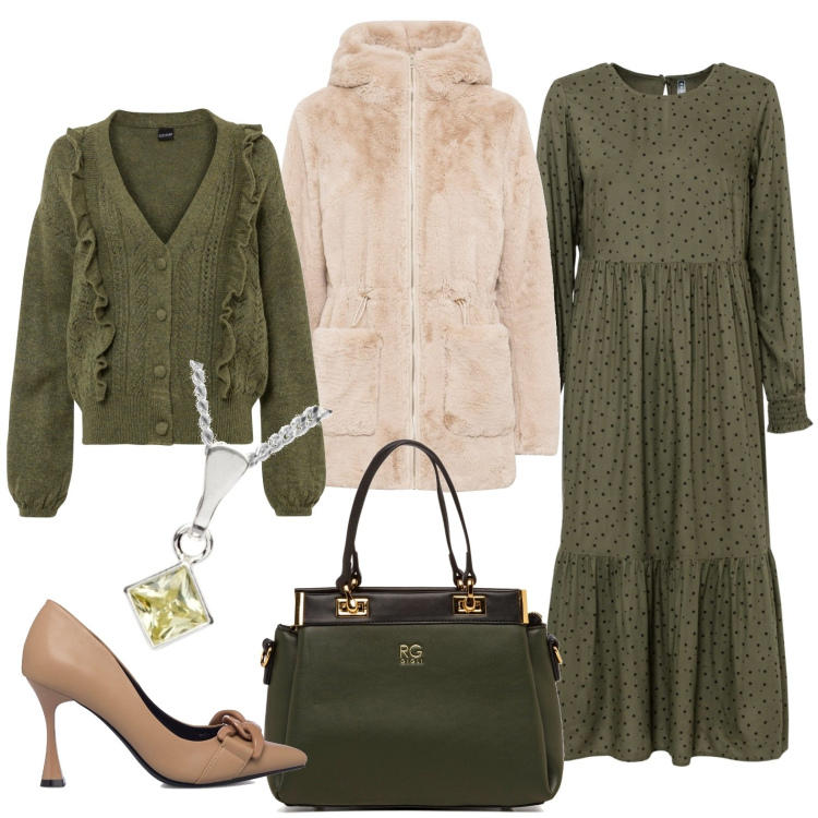 Outfit donna - Micro pois sull\'abito lungo. Stile Chic per Serata fuori. Abbinamento con ecopellicce, vestiti lunghi, cardigans, décolleté, borse a spalla, collane.