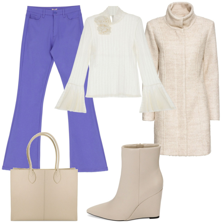 Outfit donna - Cena con colleghi. Stile Casual chic per Serata fuori. Abbinamento con cappotti, maglieria, pantaloni, borse a spalla, stivaletti.