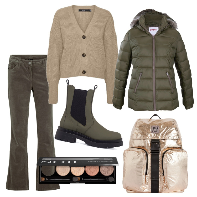 Outfit donna - Lo zaino morbido e capiente. Stile Casual per Tutti i giorni. Abbinamento con pantaloni, piumini, ombretti, zaini, cardigans, stivaletti.