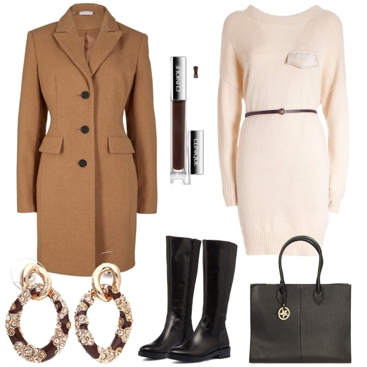 Outfit donna - Total look #1786424. Stile Casual chic per Ufficio. Abbinamento con cappotti, gloss, vestiti midi/longuette, borse a spalla, stivali sopra il ginocchio, orecchini.