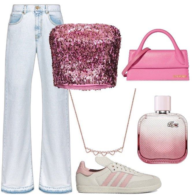 Outfit donna - Total look #1786426. Stile Trendy per Serata fuori. Abbinamento con profumi, jeans a zampa, sneakers alte, top, ciondoli, borse a mano.