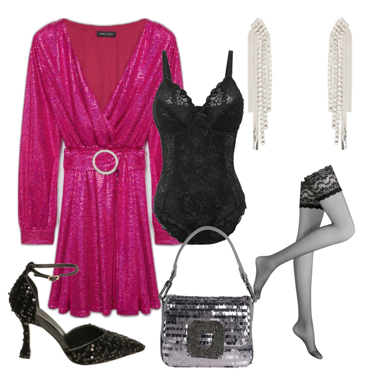 Outfit donna - Curvy glitter. Stile Glamour per Serata fuori. Abbinamento con body, collant, borse a mano, décolleté, orecchini, vestiti corti.