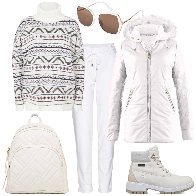 Outfit donna - Vacanze sulla neve. Stile Casual per Tutti i giorni. Abbinamento con pantaloni, giacche, maglieria, occhiali da sole, stivaletti, zaini.