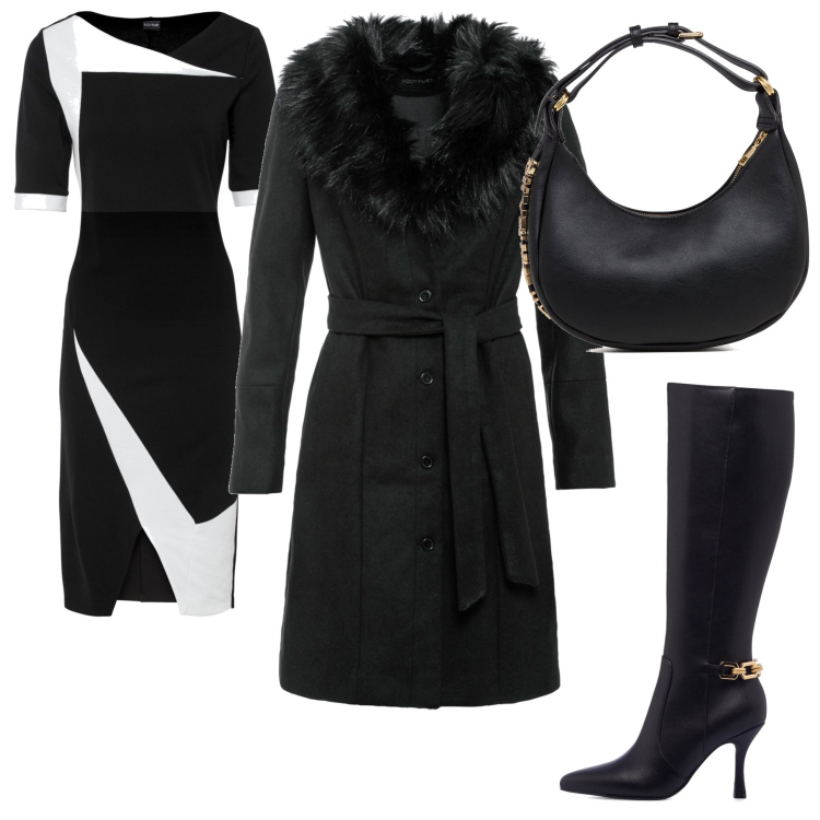 Outfit donna - Brunch. Stile Casual chic per Tutti i giorni. Abbinamento con vestiti a tubino, cappotti, borse a mano, stivali sopra il ginocchio.