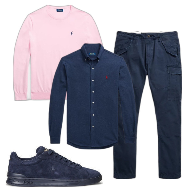Outfit uomo - Maglia rosa. Stile Business/Elegante per Ufficio. Abbinamento con camicie, maglieria, pantaloni cargo, sneakers.