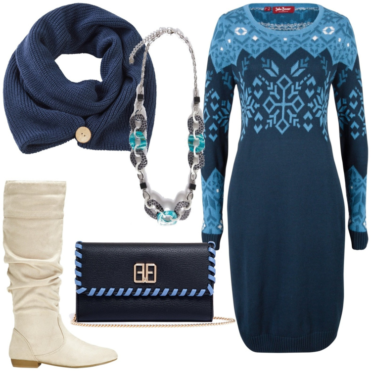 Outfit donna - Total look #1786467. Stile Casual per Tutti i giorni. Abbinamento con vestiti, stivali, foulard, pochette, collane.