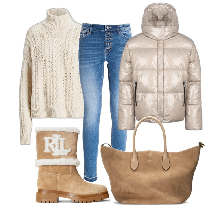 Outfit donna - Sky way Mont blanc. Stile Sporty chic per Tutti i giorni. Abbinamento con jeans skinny, maglieria, borse tote, stivali sopra il ginocchio, blazer.