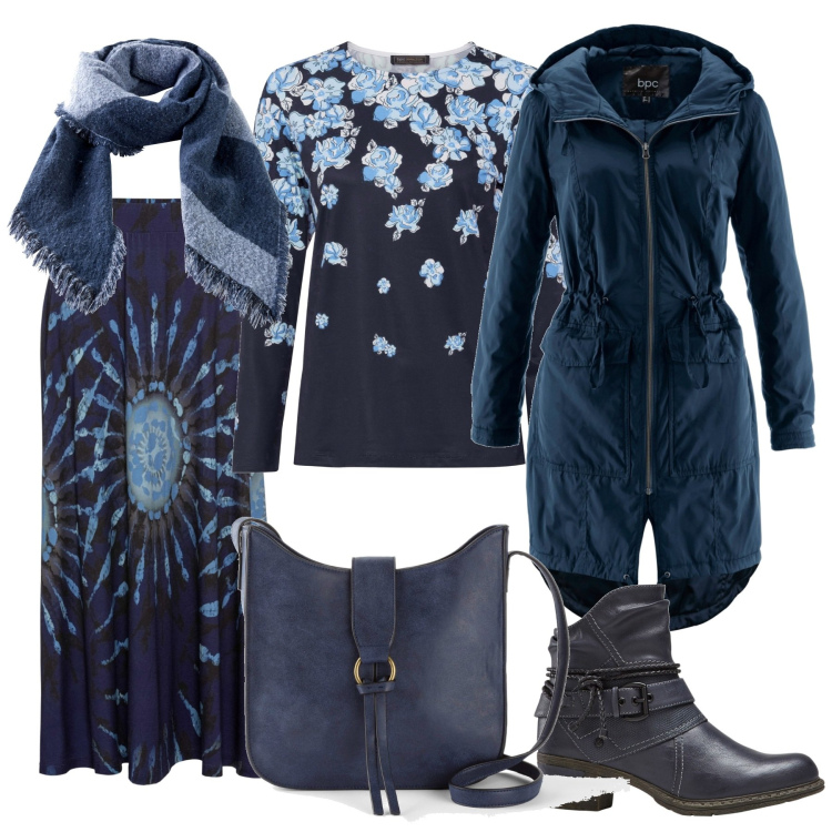 Outfit donna - Total look #1786471. Stile Casual chic per Ufficio. Abbinamento con gonne, cappotti, maglieria, stivaletti, sciarpe, borse a tracolla.