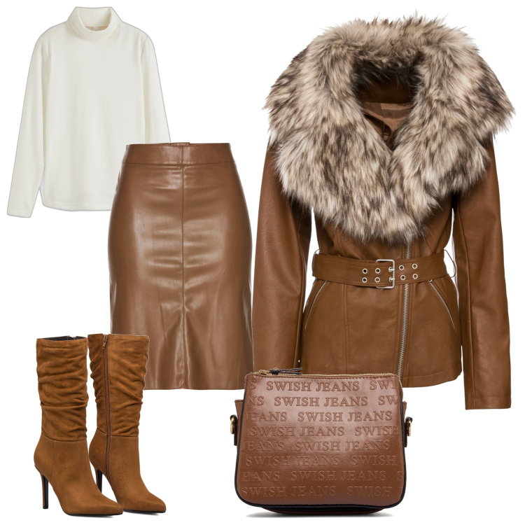 Outfit donna - Terra. Stile Casual chic per Tutti i giorni. Abbinamento con gonne longuette, maglieria, blazer, stivali sopra il ginocchio, borse a tracolla.